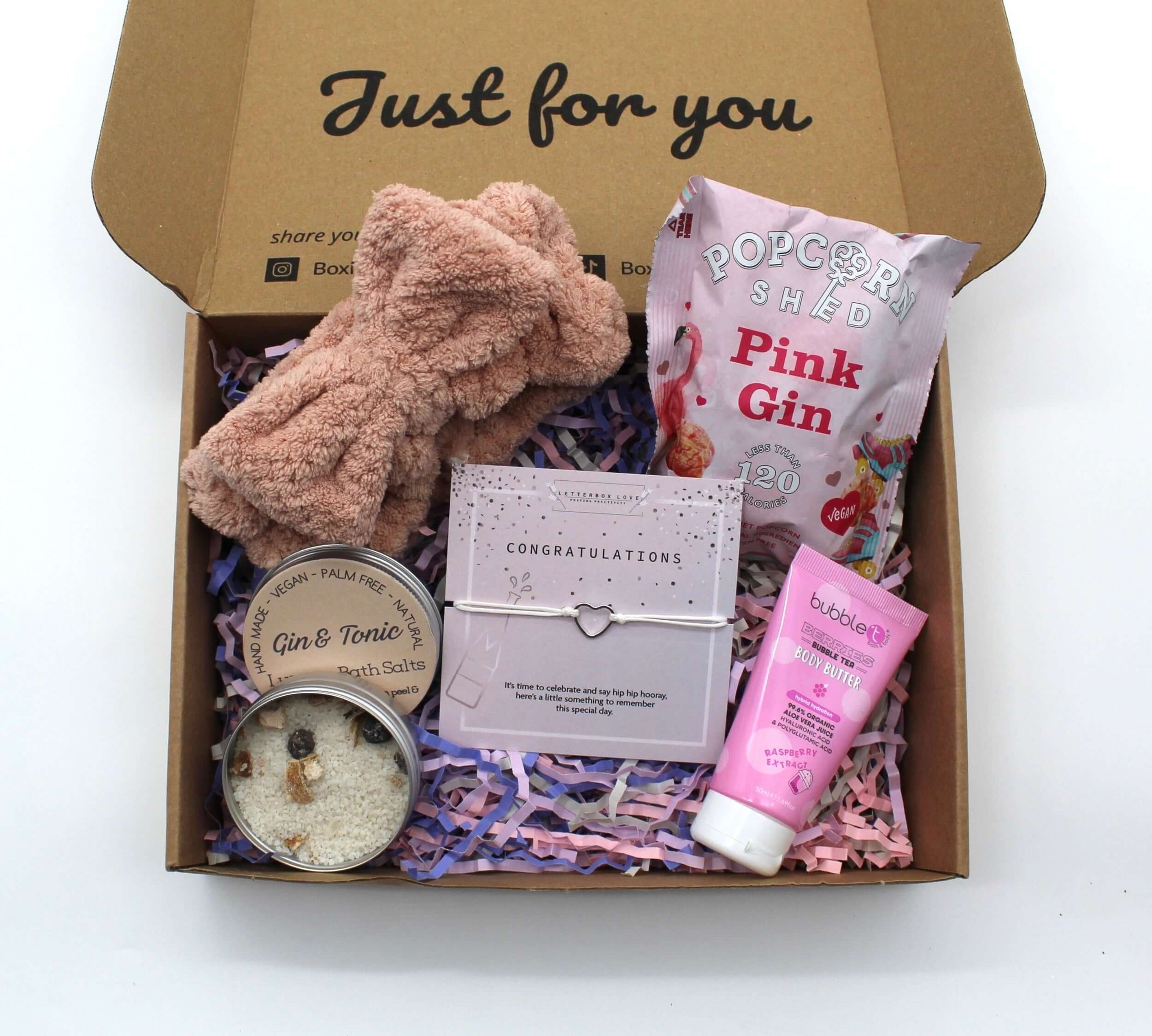 Congrats you did it! gift box includes pink spa bow head band, 50g luxury bath salts, pink gin popcorn, berries body butter and congratulations heart bracelet.  