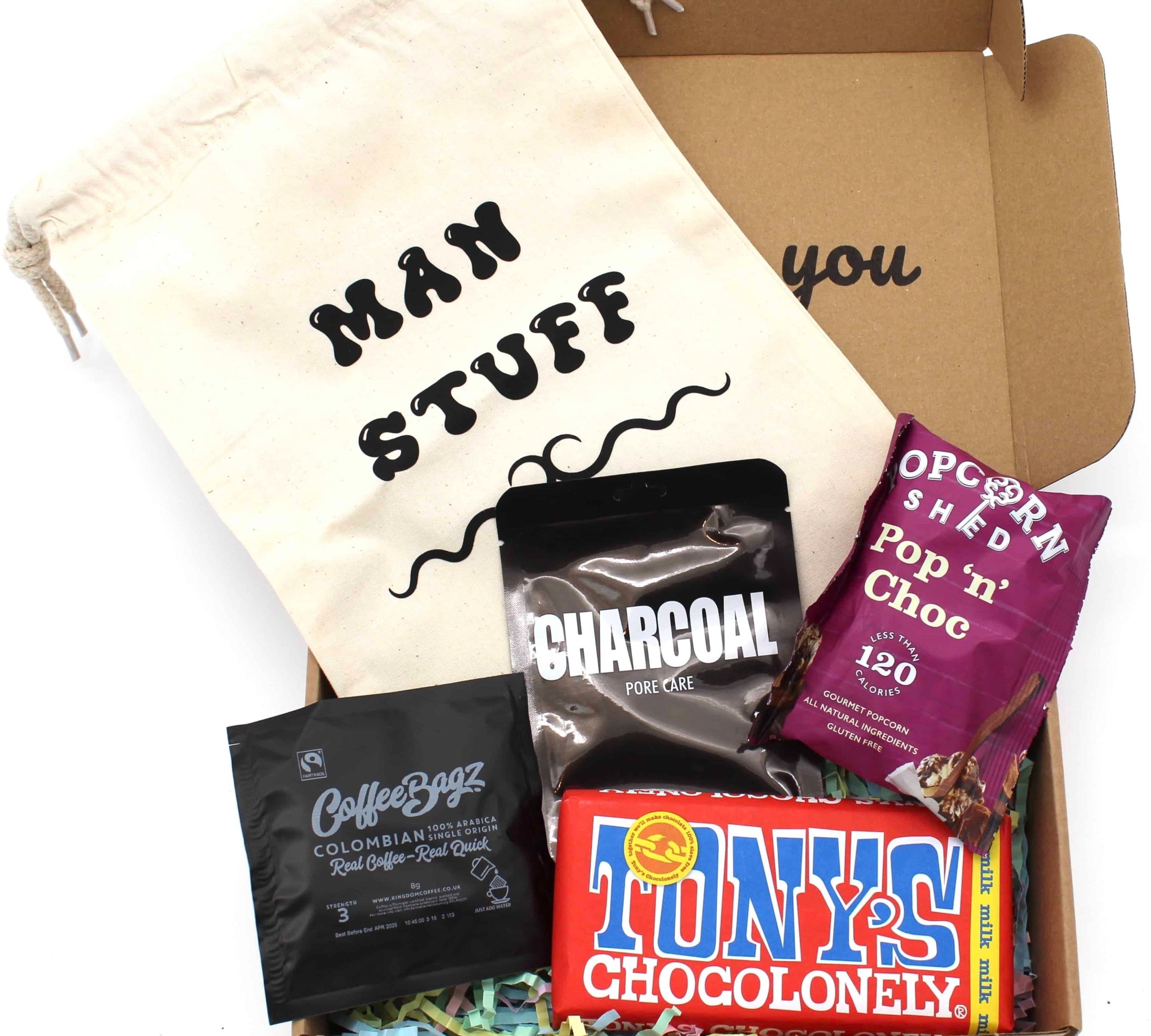 Gifts for Him, Draw string wash bag, charcoal sheet mask, coffee bag, 180g Tony Chocolate bar, pop 'n' choc popcorn