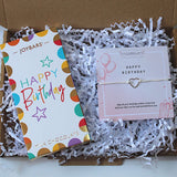 Happy Birthday Chocolate Mini treat, letterbox friendly gift contains Happy birthday chocolate bar and Happy birthday bracelet (adjustable) mounted on a cute poem board. Perfect letterbox birthday treat for her.