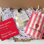 Birthday mini treat for her, this letterbox friendly gift is the perfect birthday treat, complete with adjustable bracelet, prosecco rose gummies and calming aromatherapy bath salts.