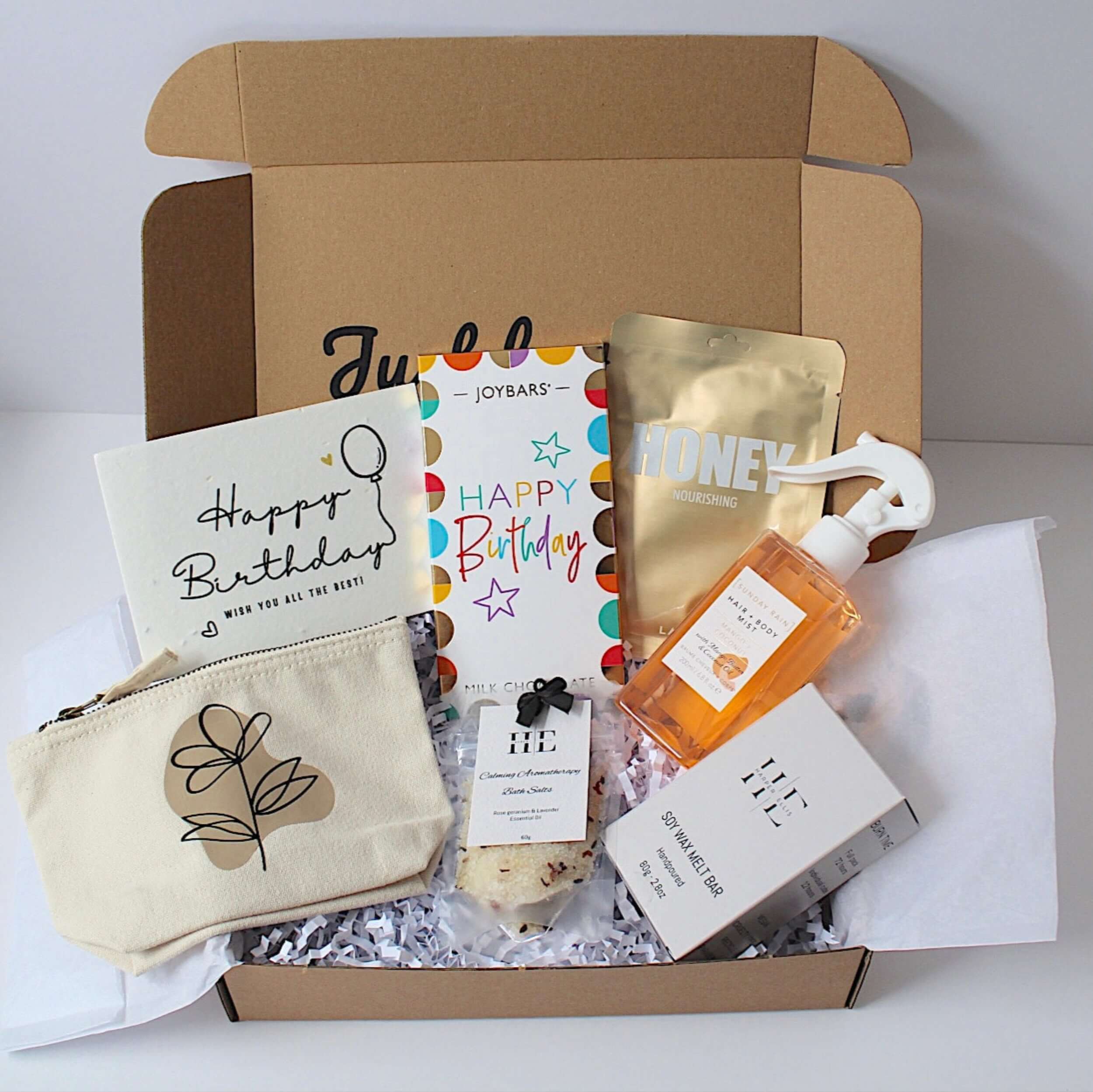 Birthday gift box, packed with self care treats and chocolate
