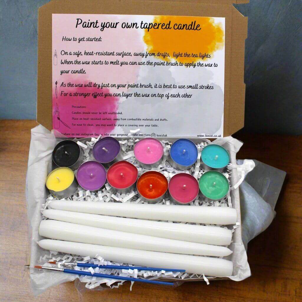 Paint Own Candle With Soy Tea Lights kit with coloured tea lights, paint brush, and tapered candles.