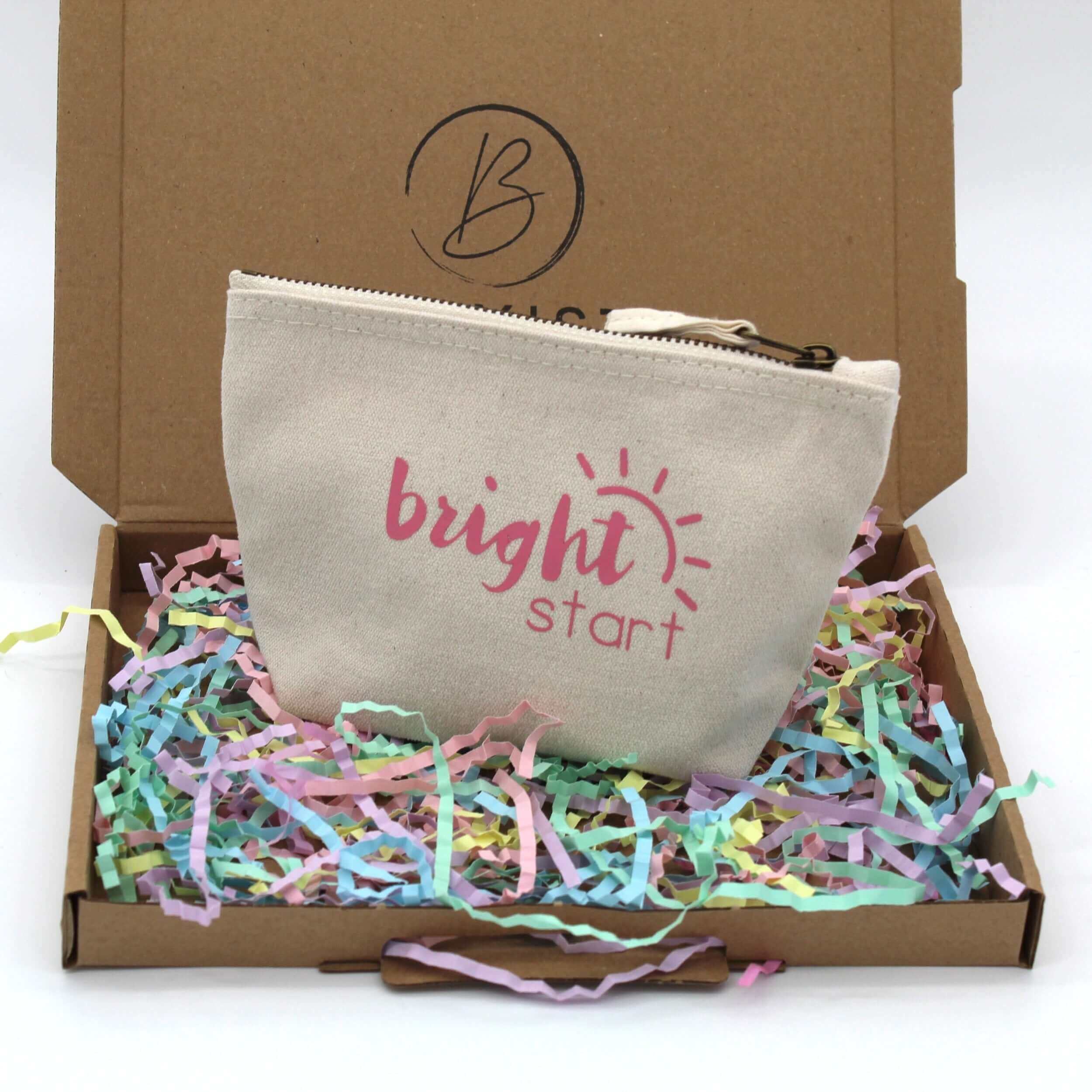 Natural pouch bag with pink font 