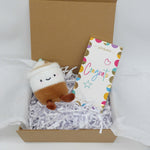 Congrats Plush gift set featuring a plush coffee cup keyring and a congratulatory chocolate bar.