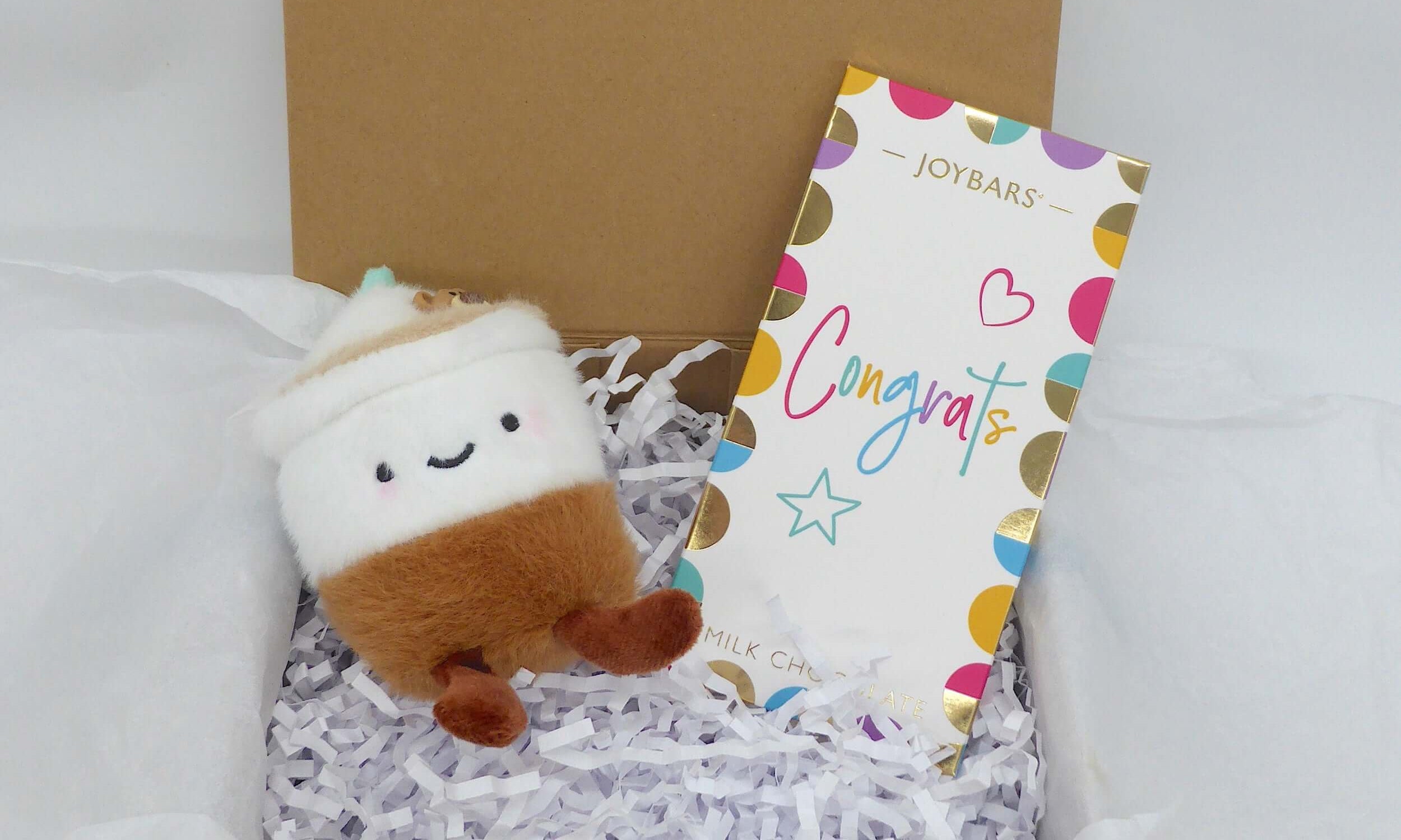Congrats Plush gift set featuring a plush coffee cup keyring and a congratulatory chocolate bar.