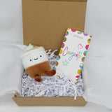 Congrats Plush gift set featuring a plush coffee cup keyring and a congratulatory chocolate bar.