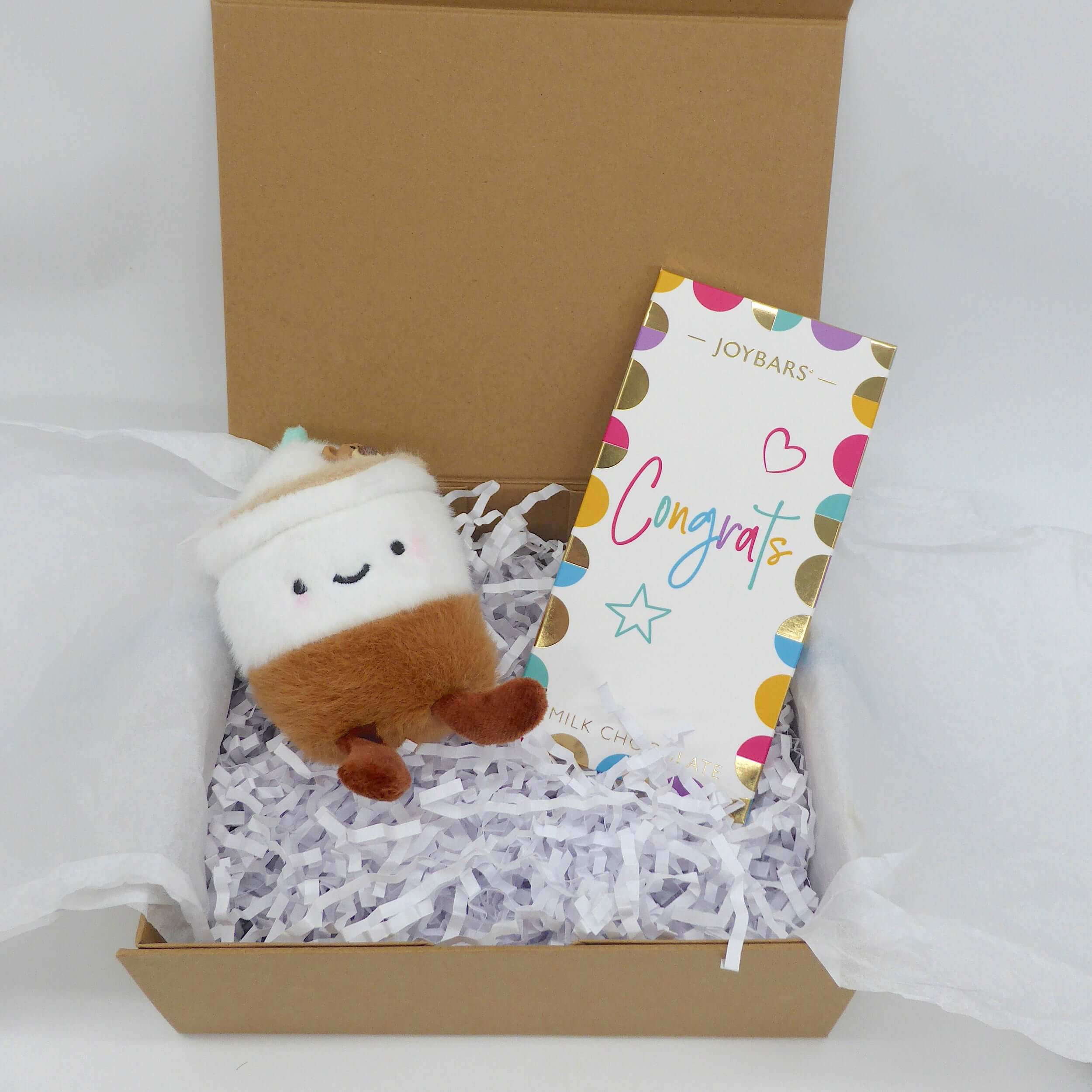 Congrats Plush gift set featuring a plush coffee cup keyring and a congratulatory chocolate bar.