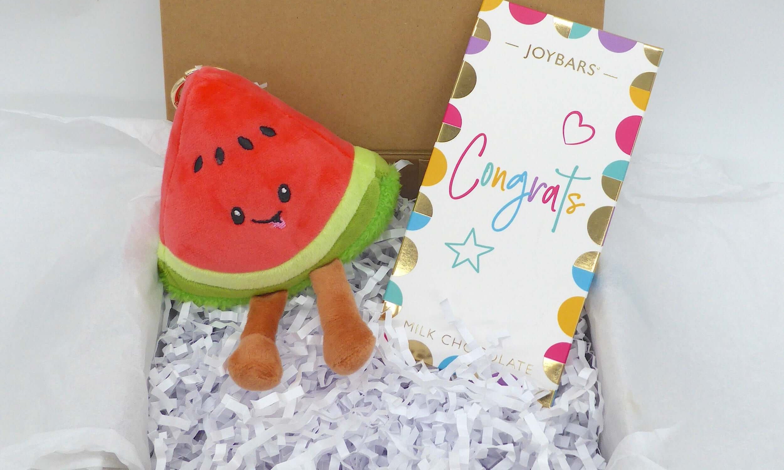 Congrats Plush gift set featuring watermelon plush, congratulations card, and Colombian chocolate in gift box.