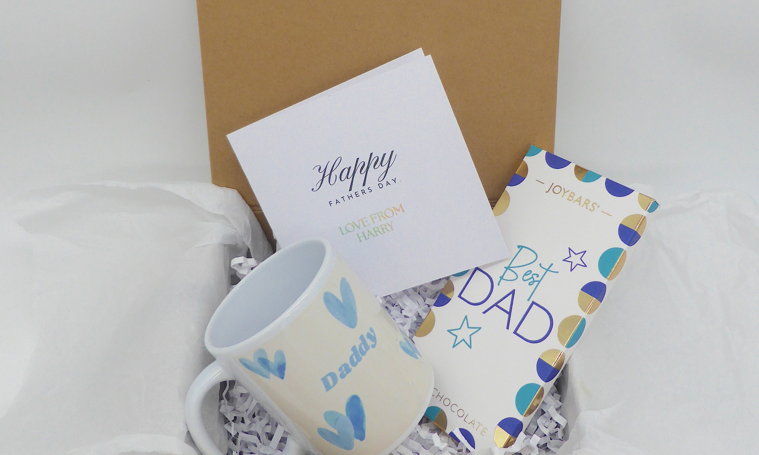 Fathers Day gift for Daddy, includes a ceramic mug, Best Dad chocolate bar and personalised Fathers Day card. 