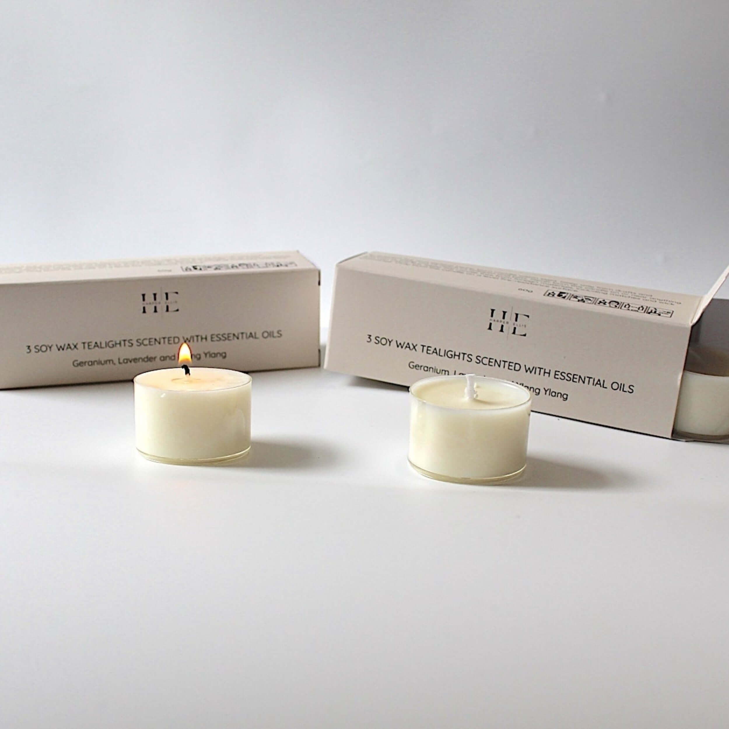 Soy Wax Essential Oils Tea Lights set of 3 tea lights with Geranium, French Lavender, and Ylang Ylang.