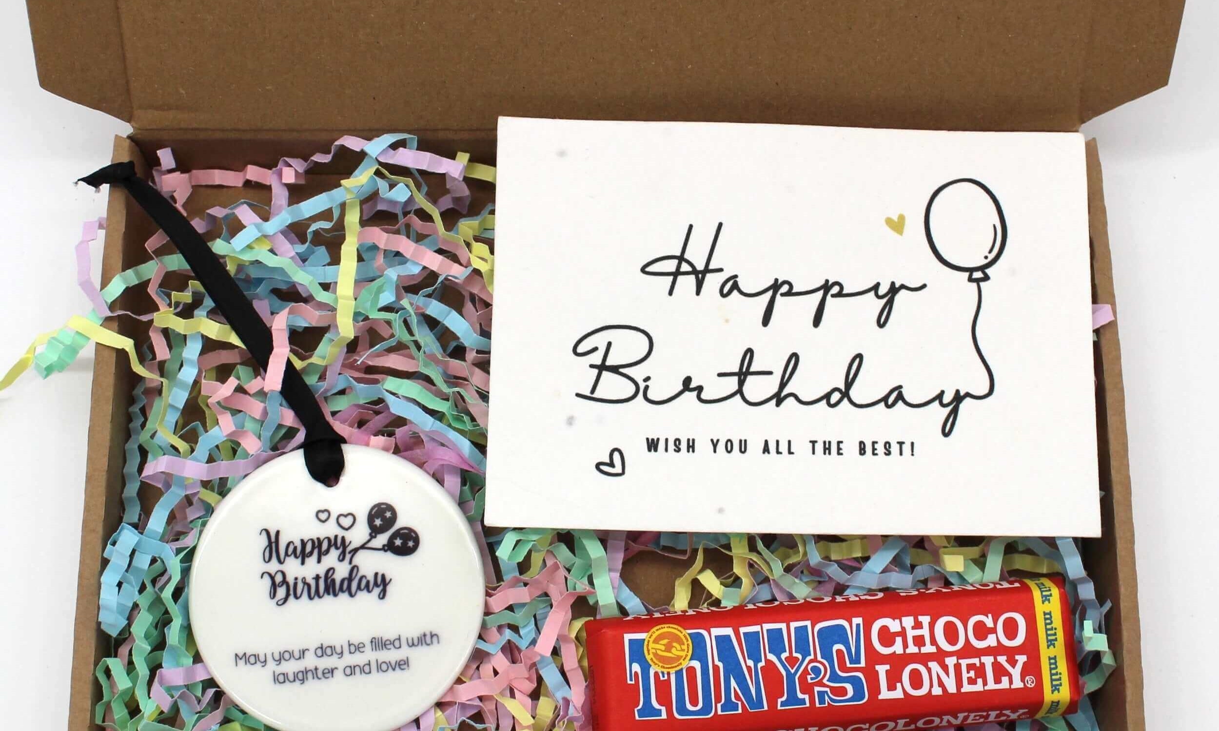 Mini happy birthday treat, ceramic keepsake, seeded card and chocolate bar. letterbox treats 