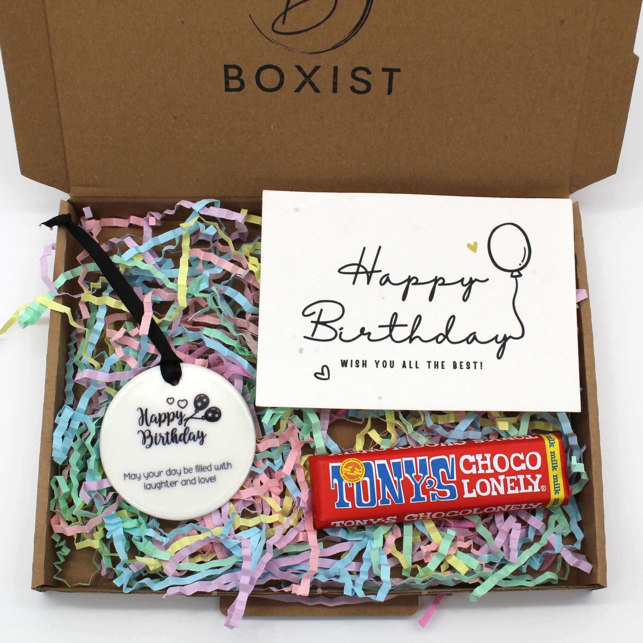 Mini happy birthday treat, ceramic keepsake, seeded card and chocolate bar. letterbox treats 