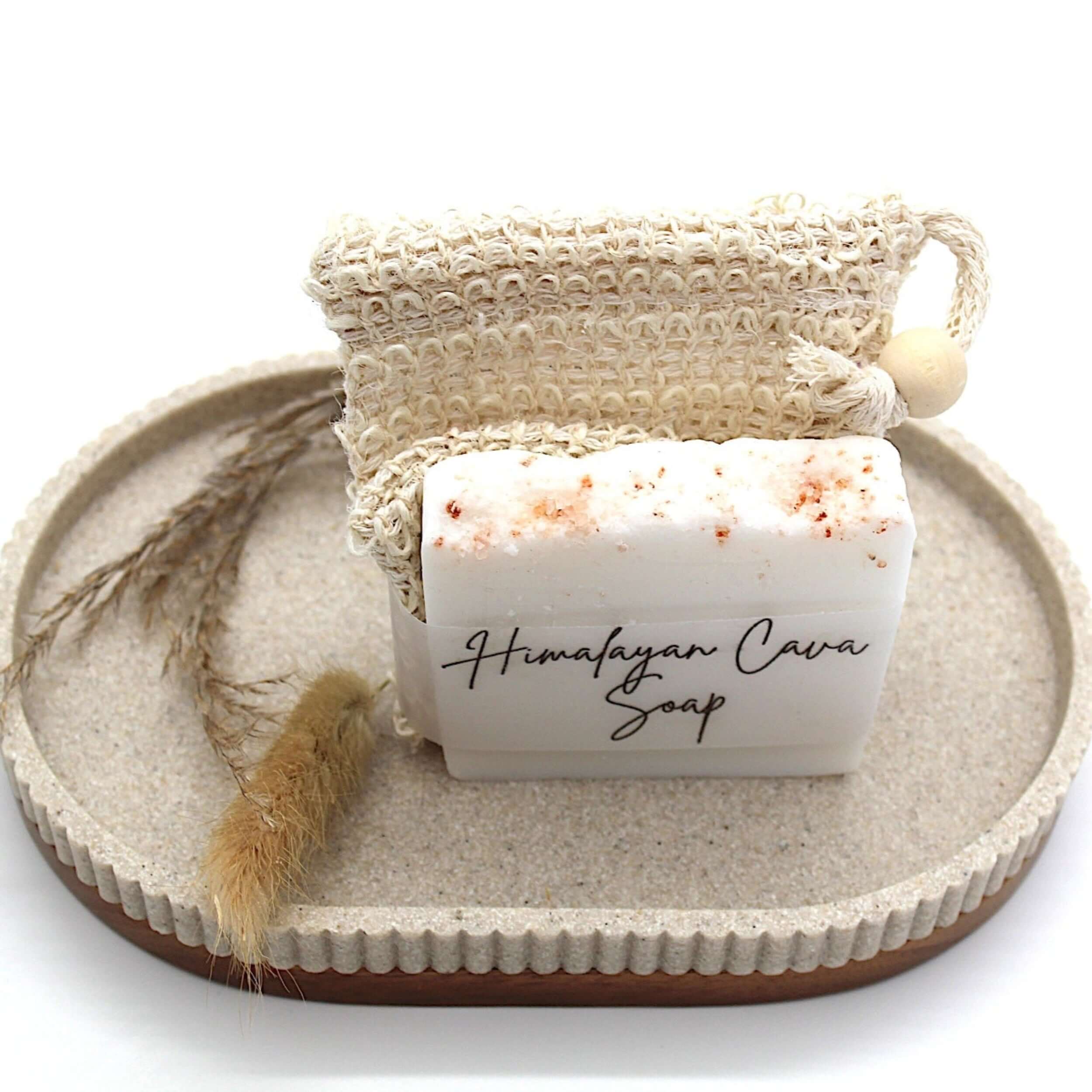 Himalayan cava soap and jute bag for exfoliation. 