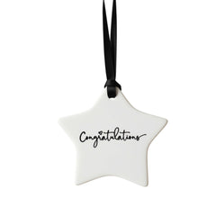 Congratulations keepsake made from ceramic, on black satin in ribbon 