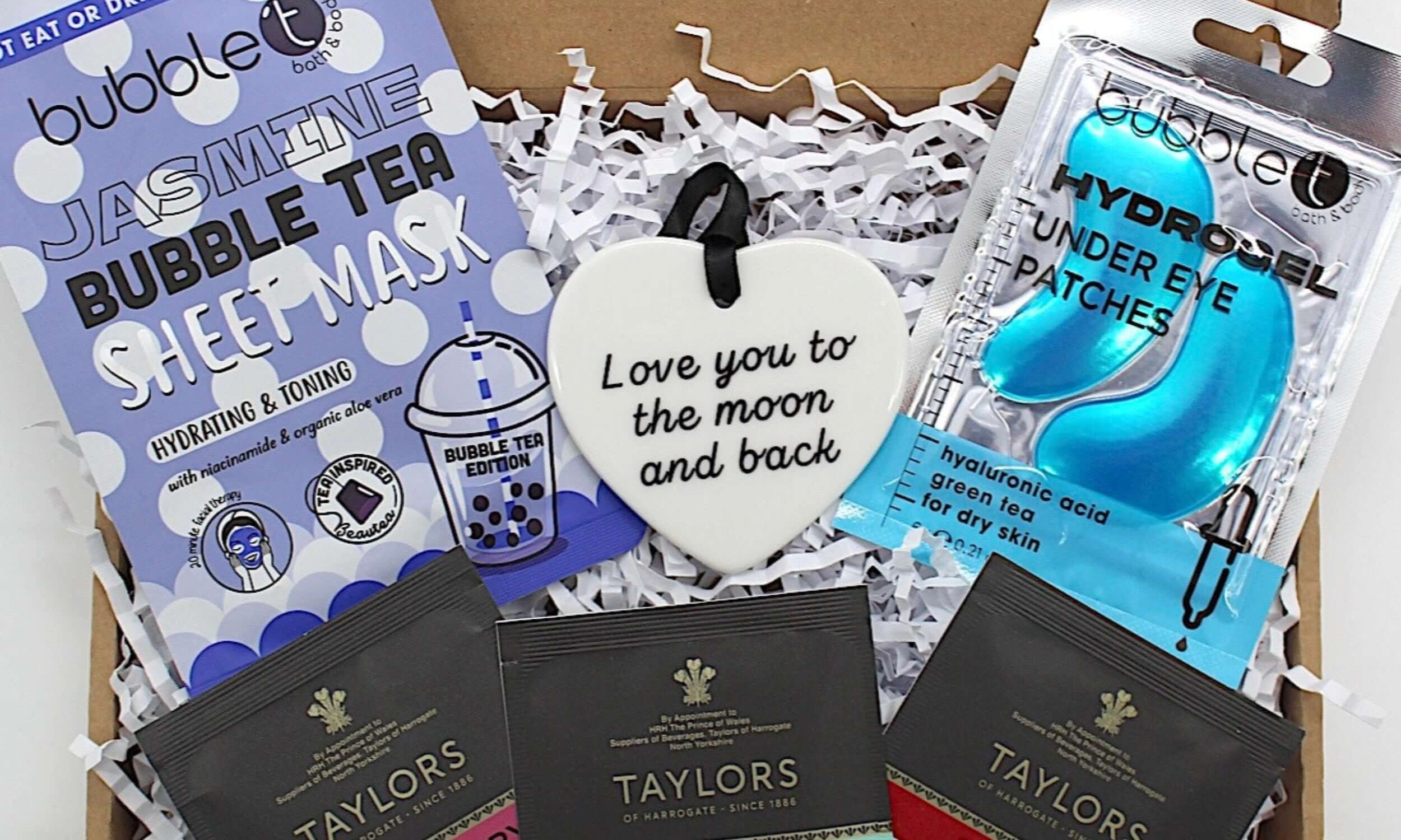 Show them how much you love them with letterbox gift, ceramic keepsake "Love you to the moon and back', 3 individually wrapped tea bags, jasmine sheet mask and hydrogel under eye patches. 