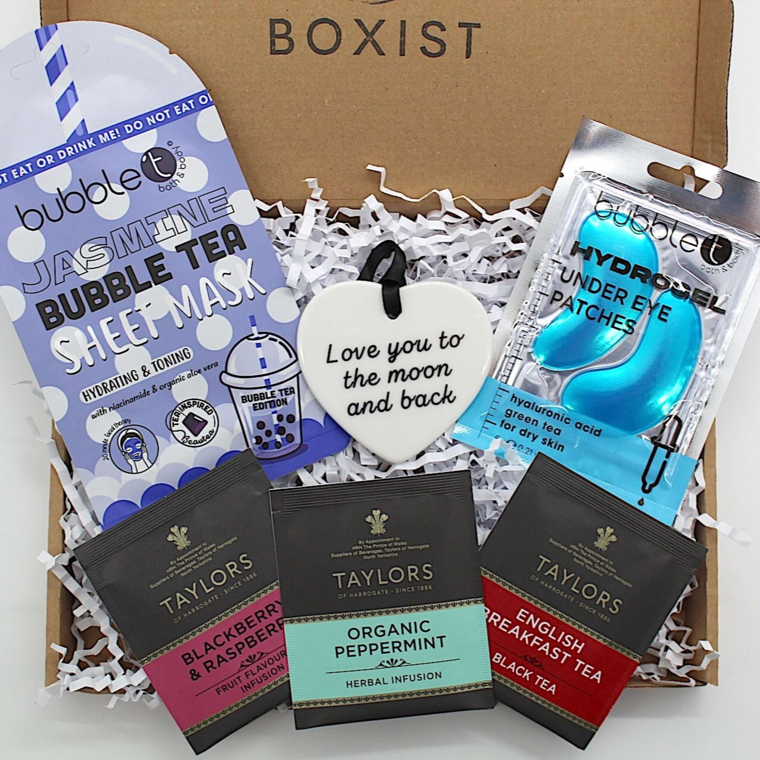 Show them how much you love them with letterbox gift, ceramic keepsake "Love you to the moon and back', 3 individually wrapped tea bags, jasmine sheet mask and hydrogel under eye patches. 