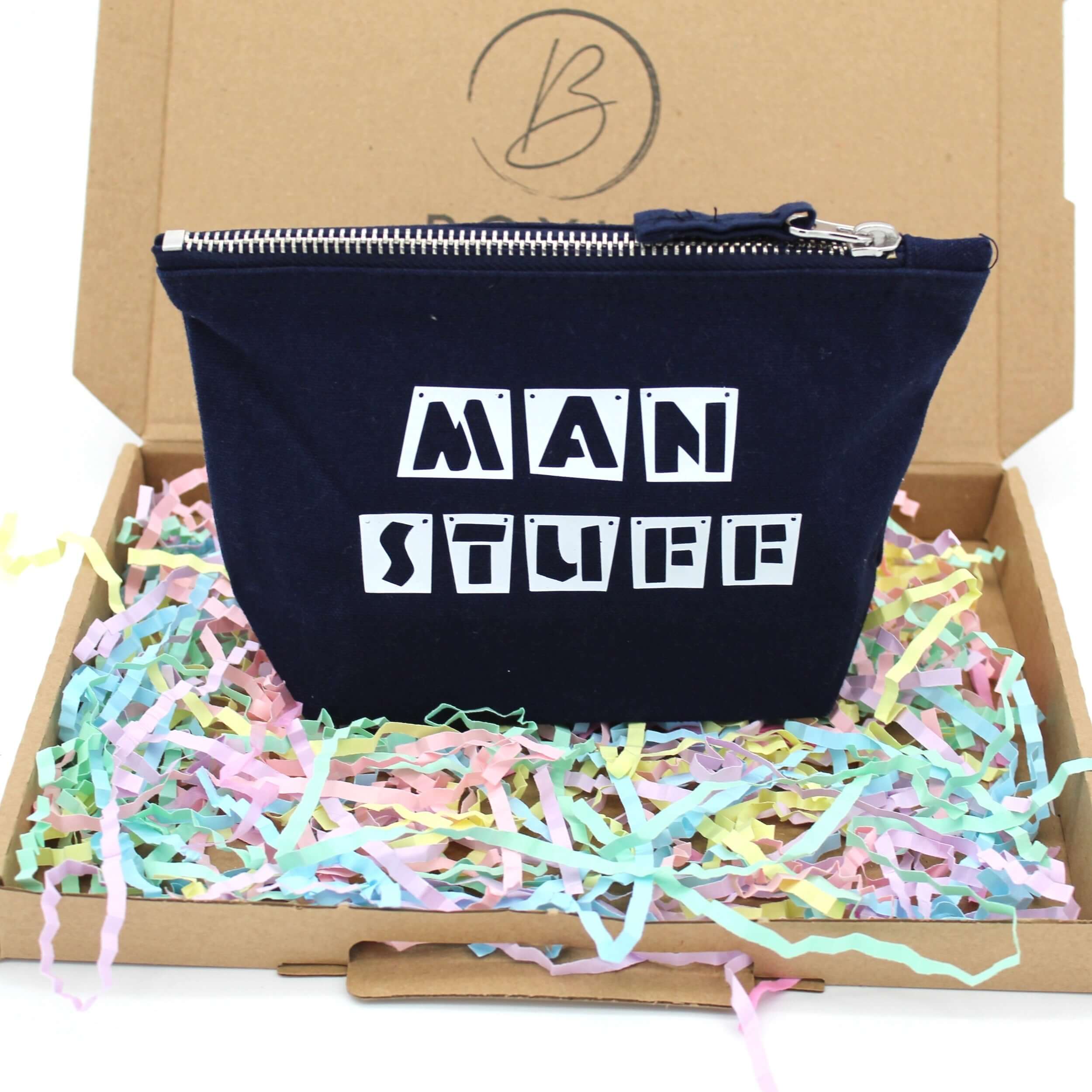 Man stuff pouch bag in navy blue with white font 