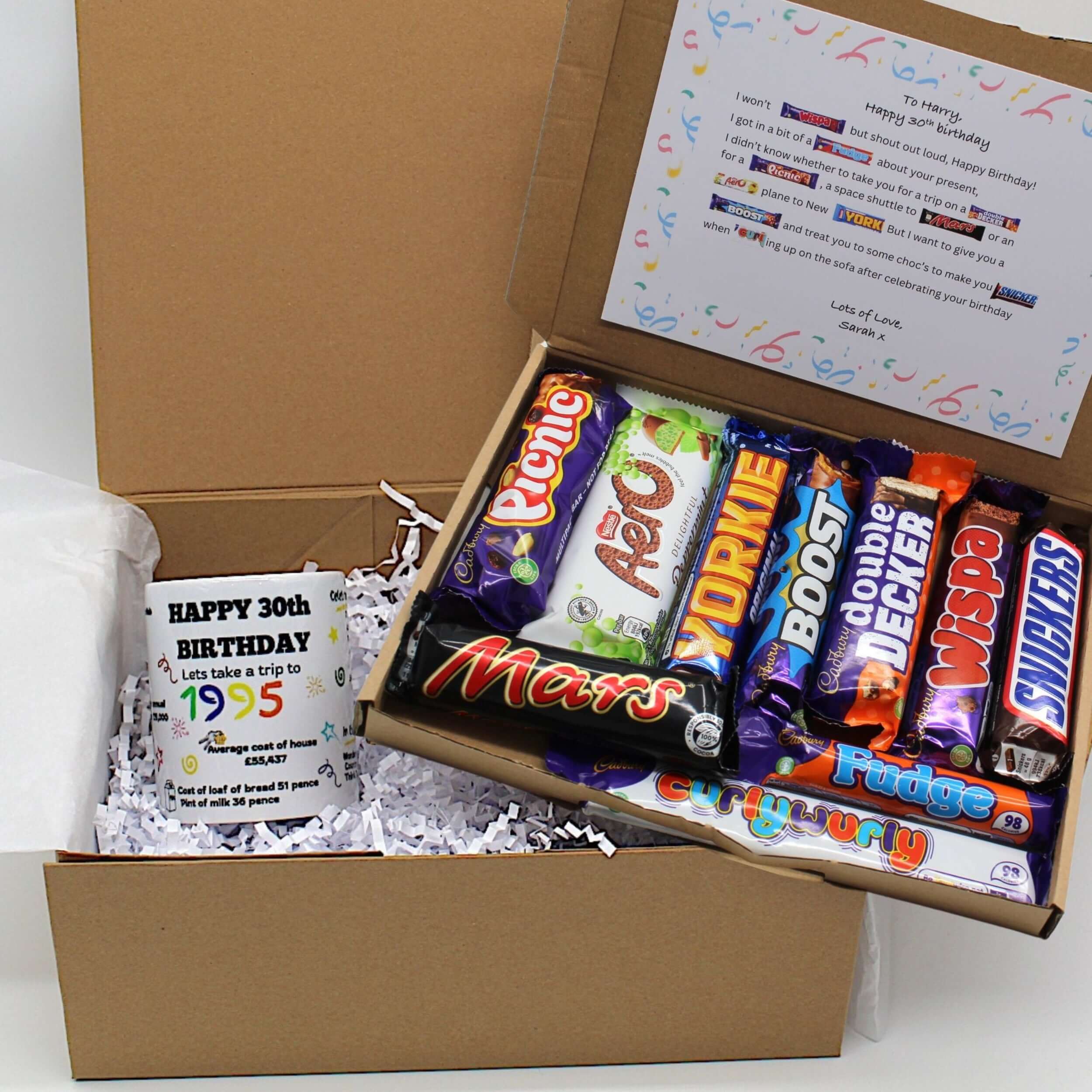 Milestone birthdays unique gifting, memory lane mug with chocolate poem box 