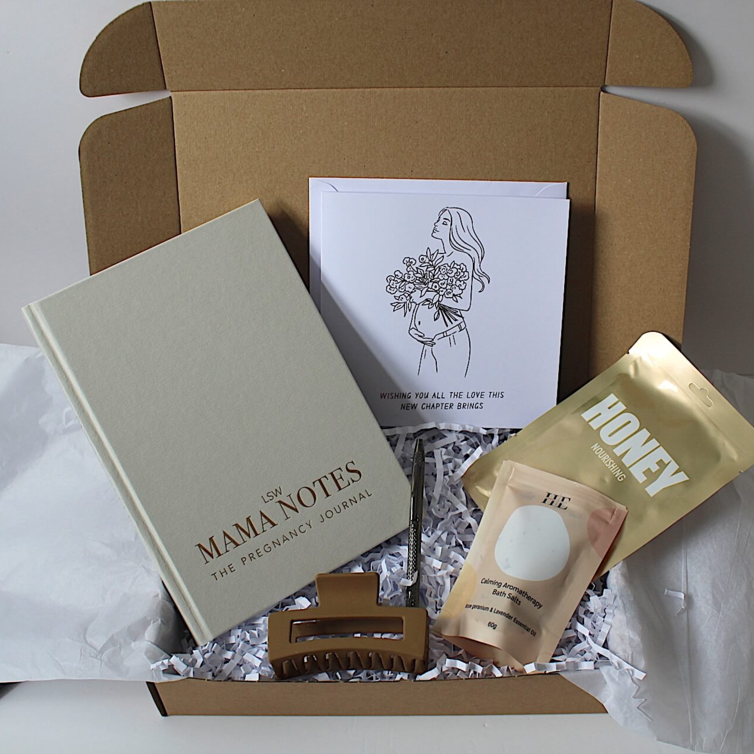 Pregnancy journey gift set including card, honey sheet mask, mama notes journal by LSW, claw clip, pen and aromatherapy bath salts 