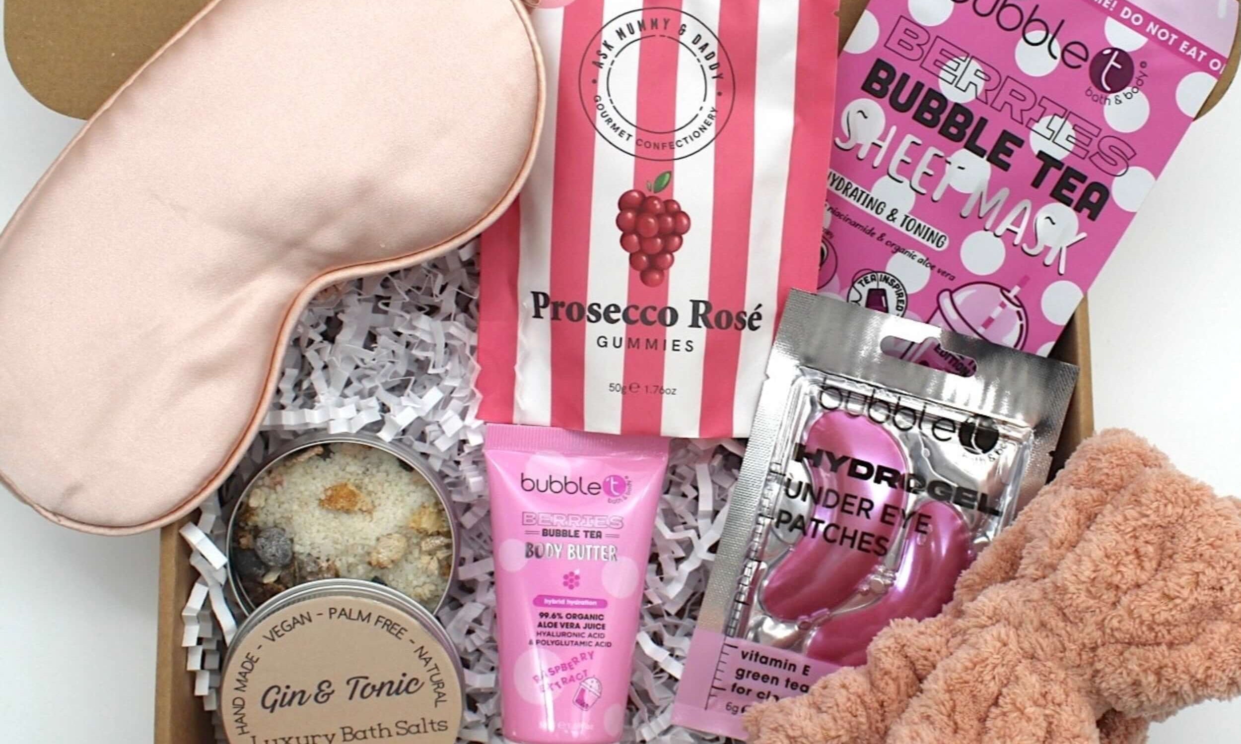 Pink pamper hamper for her, mini spa at home letterbox gift