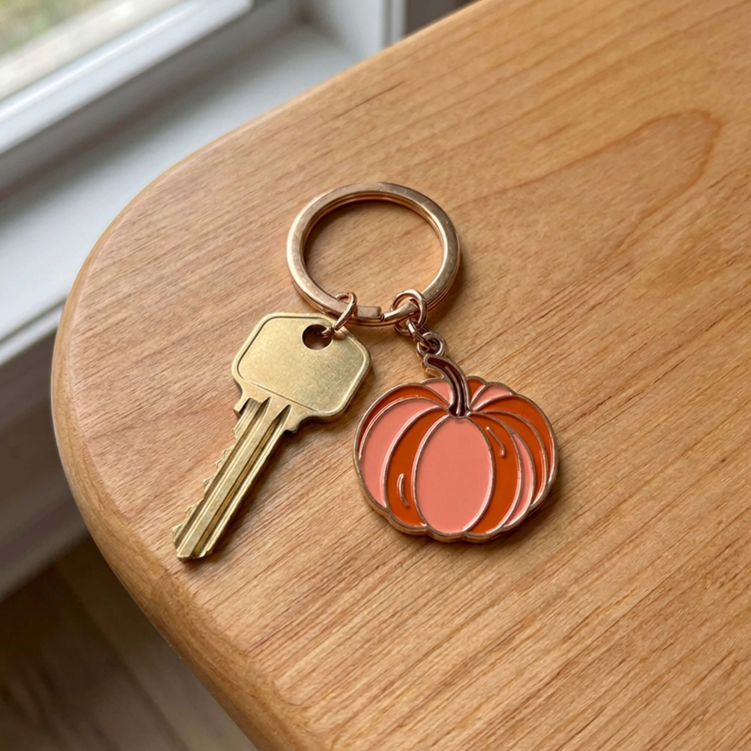 A close-up of a keychain resting on a light wood surface near a window. The keychain has a brass key and a pumpkin-shaped charm with orange and pink enamel sections outlined in rose gold-toned metal.