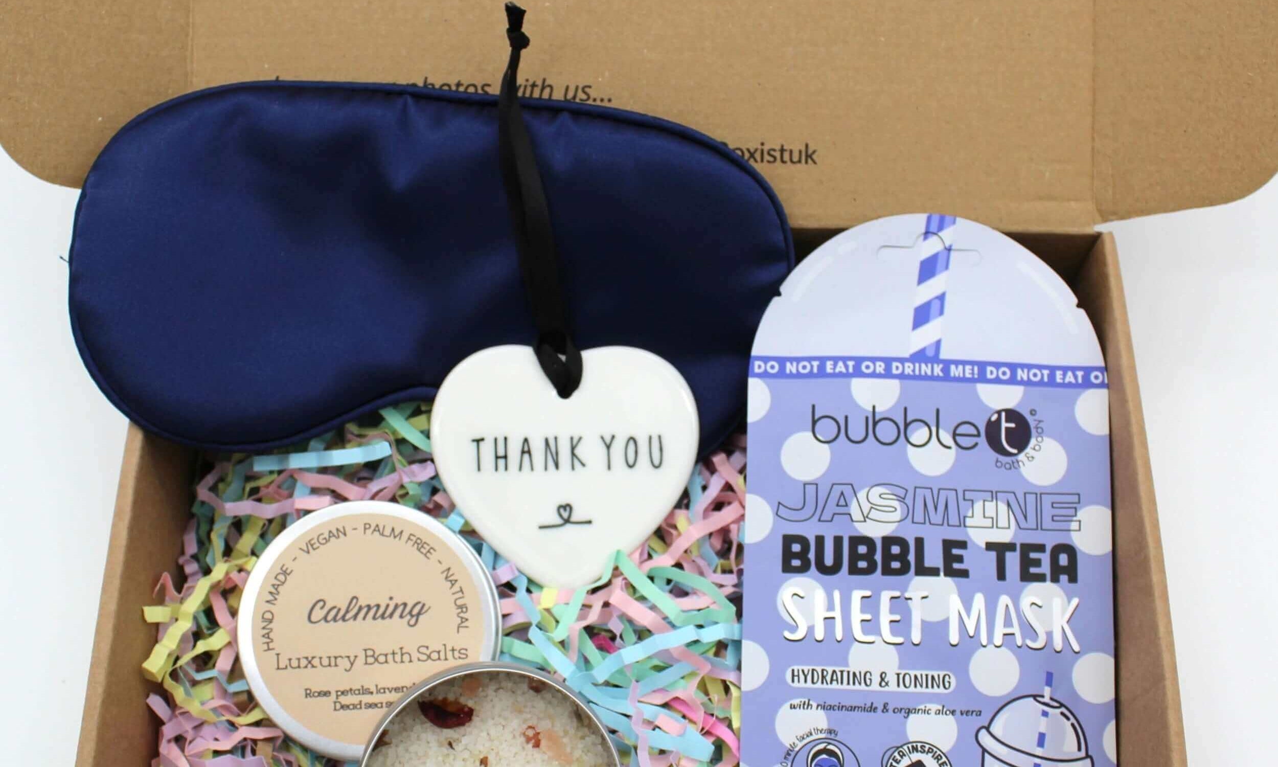 Thank you pamper hamper letterbox gift shows appreciation with self-care treats and a ceramic thank you keepsake.   