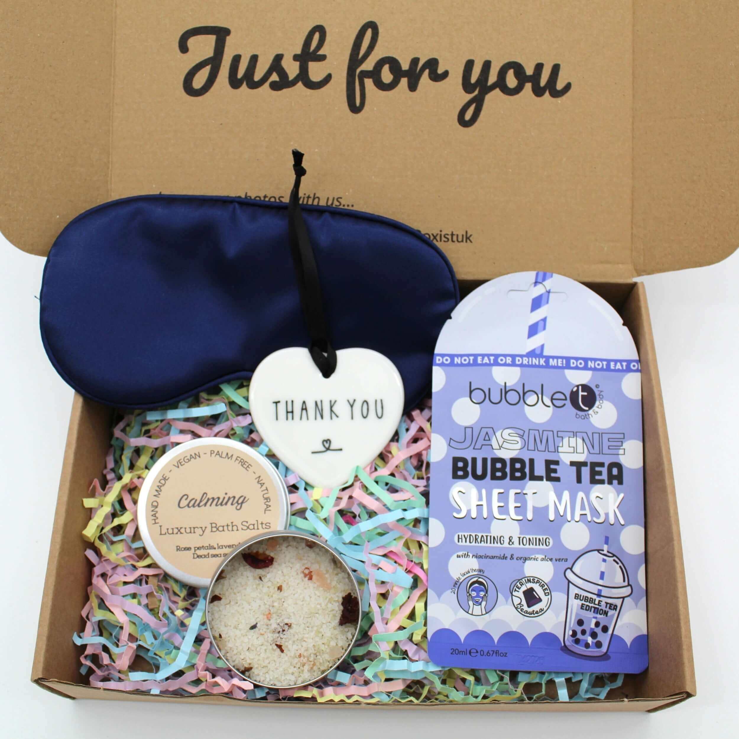 Thank you pamper hamper letterbox gift shows appreciation with self-care treats and a ceramic thank you keepsake.   
