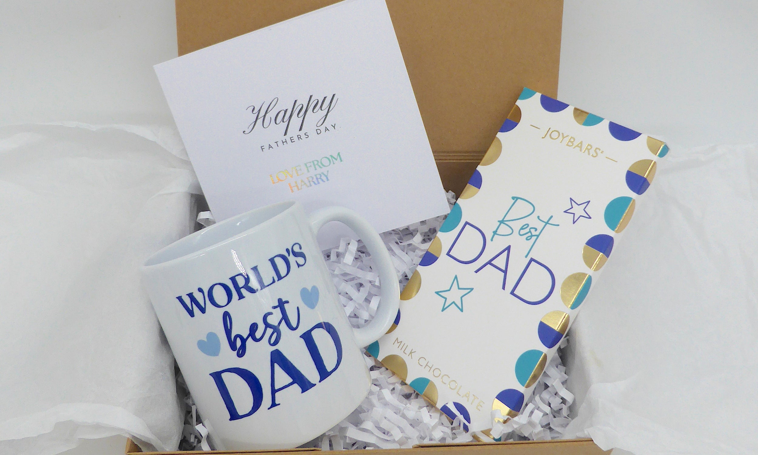 Gift box with 'World's Best Dad' mug, Best Dad chocolate bar, personalised Father's Day card 