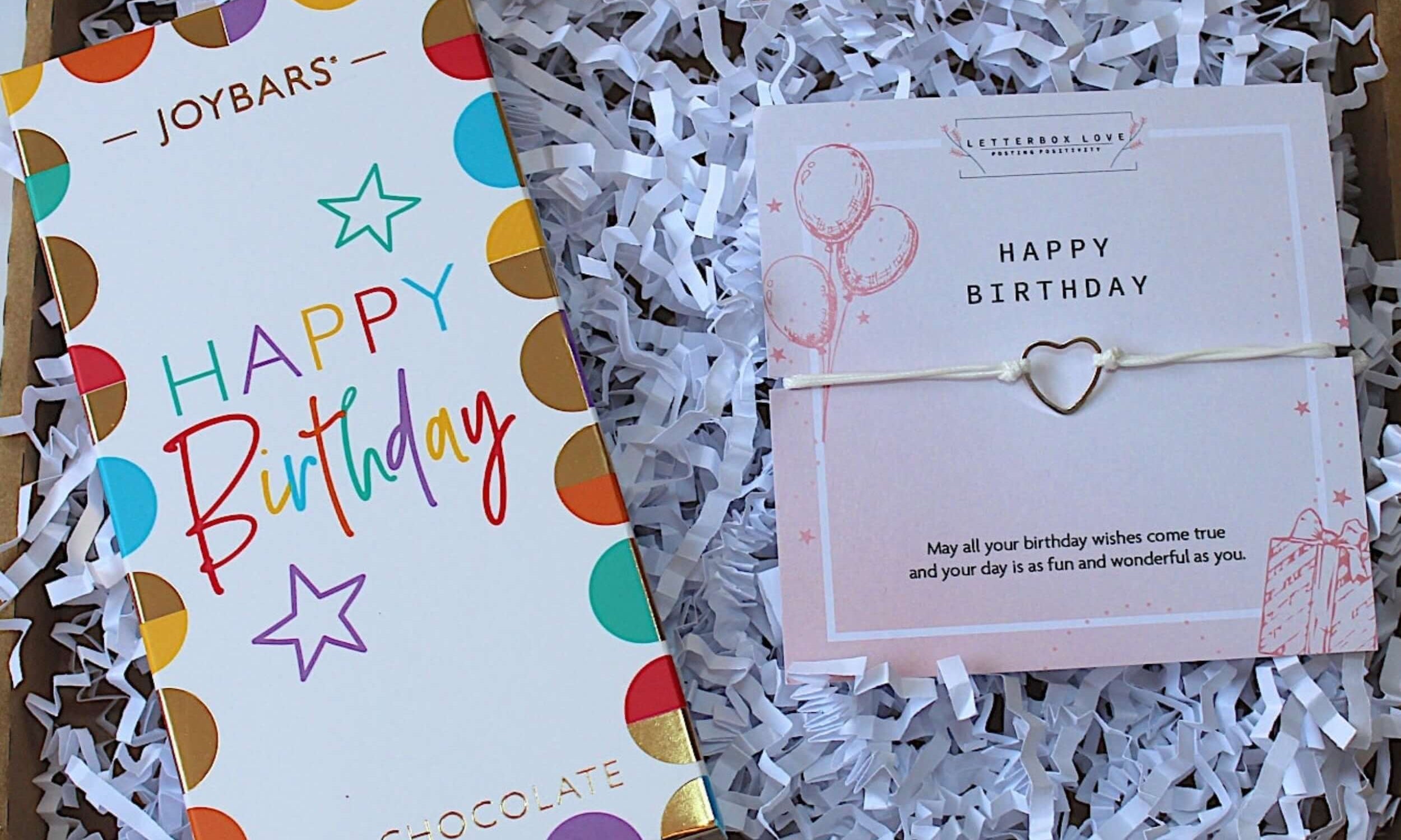 Happy Birthday Chocolate Mini treat, letterbox friendly gift contains Happy birthday chocolate bar and Happy birthday bracelet (adjustable) mounted on a cute poem board. Perfect letterbox birthday treat for her.  