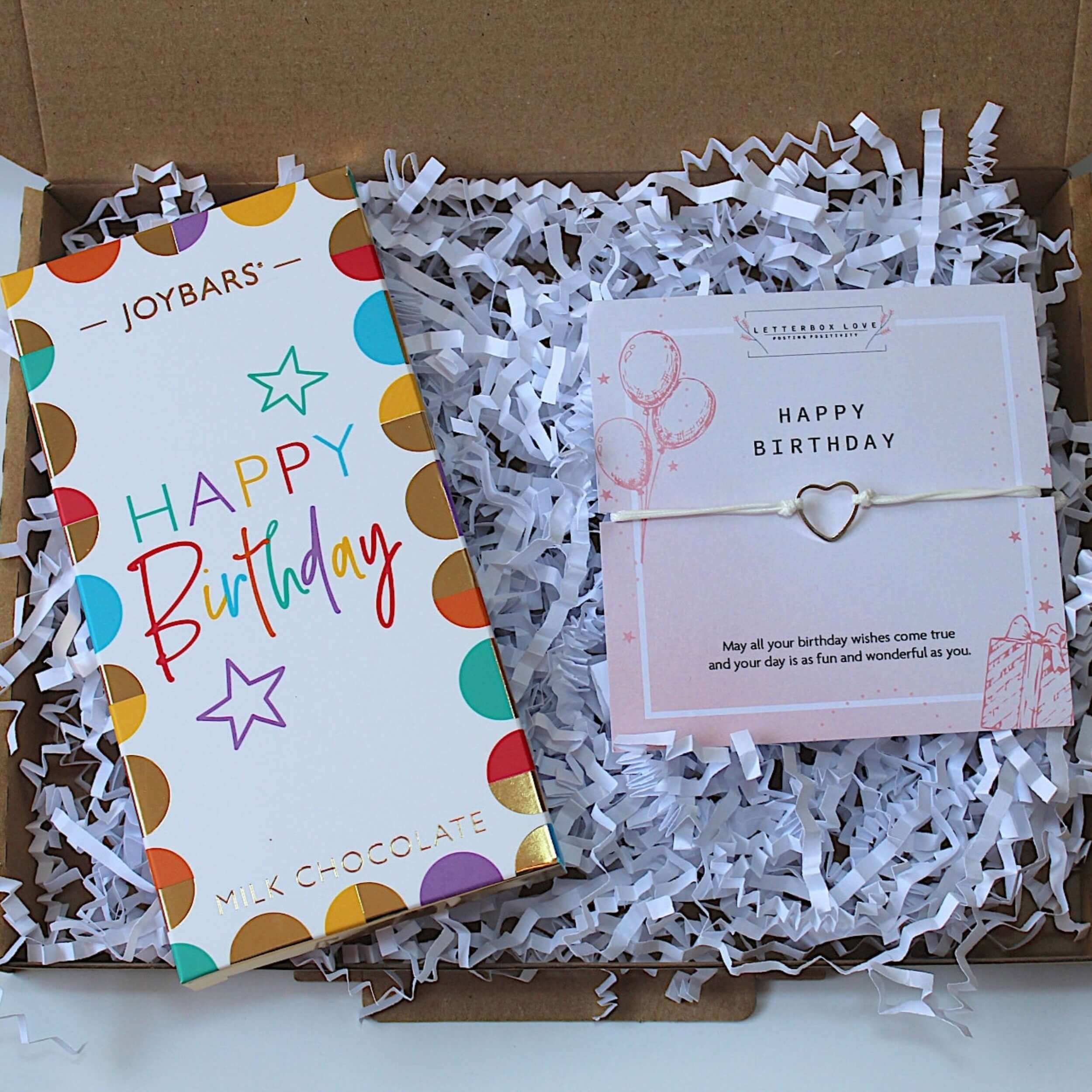 Happy Birthday Chocolate Mini treat, letterbox friendly gift contains Happy birthday chocolate bar and Happy birthday bracelet (adjustable) mounted on a cute poem board. Perfect letterbox birthday treat for her.  