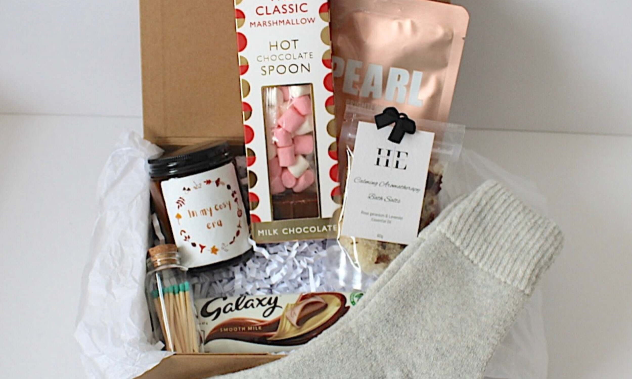 Cosy era luxury gift, cashmere socks, candle and self care treats 