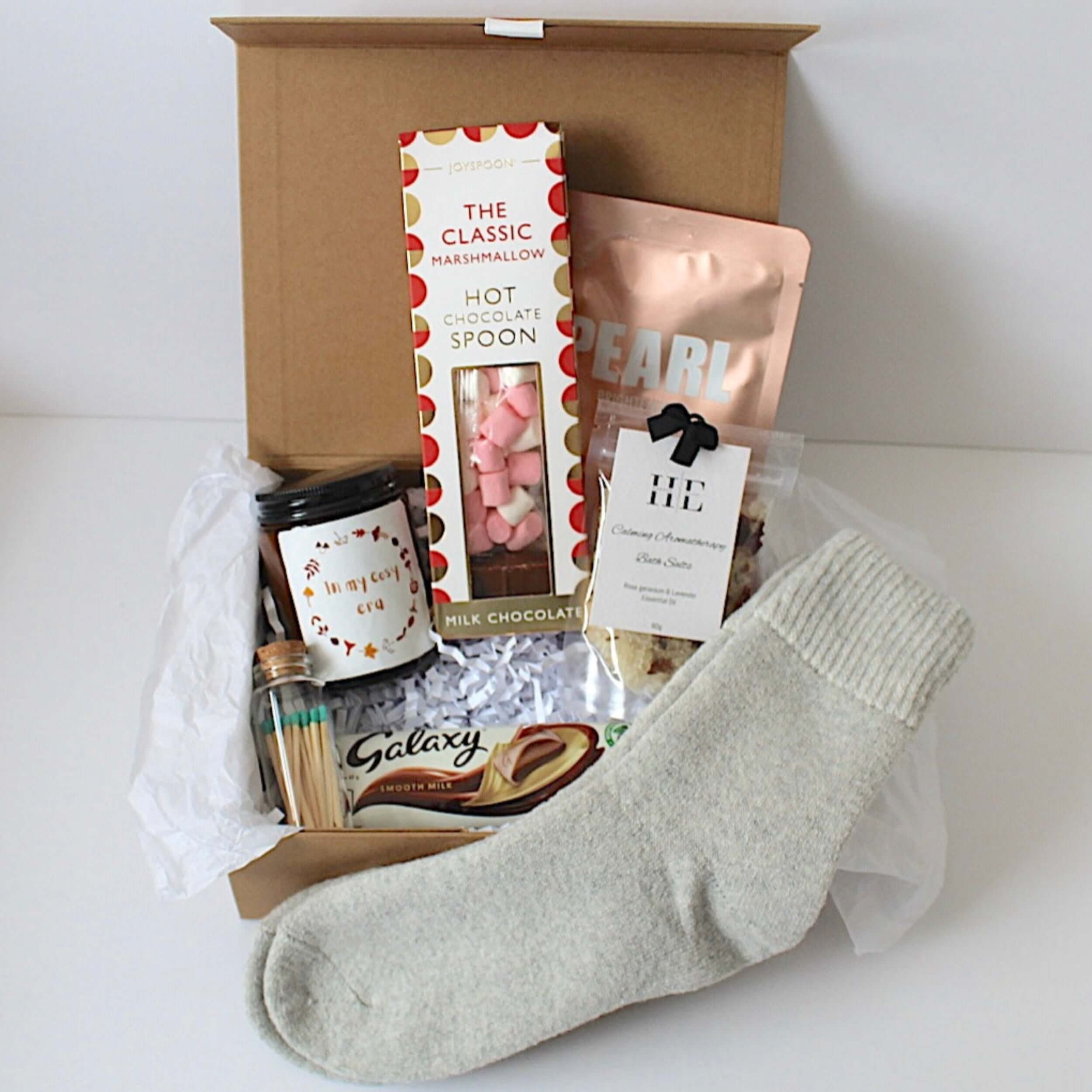 Cosy era luxury gift, cashmere socks, candle and self care treats 