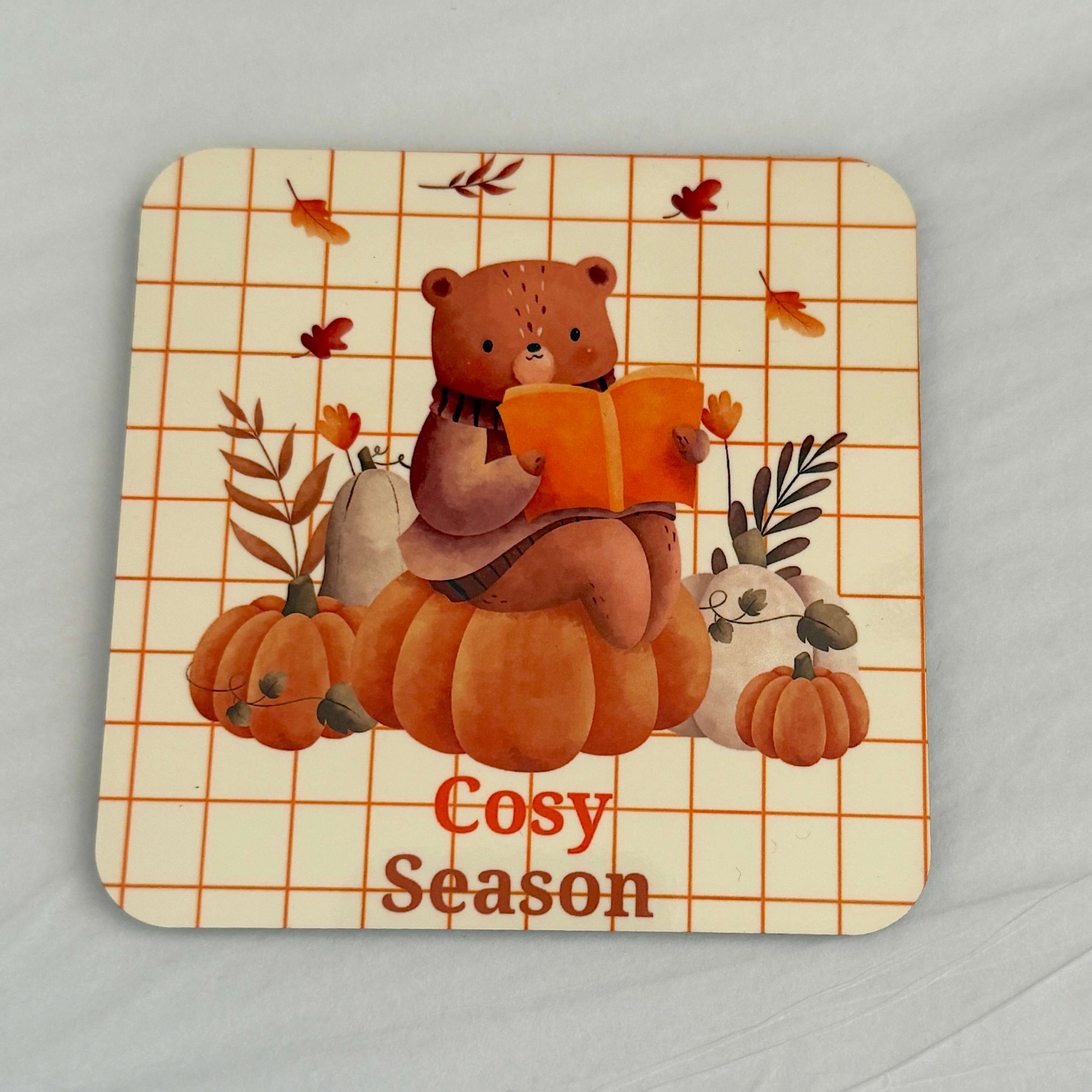 Autumn colours coaster with bear sitting on pumpkin reading a book, white background.  
