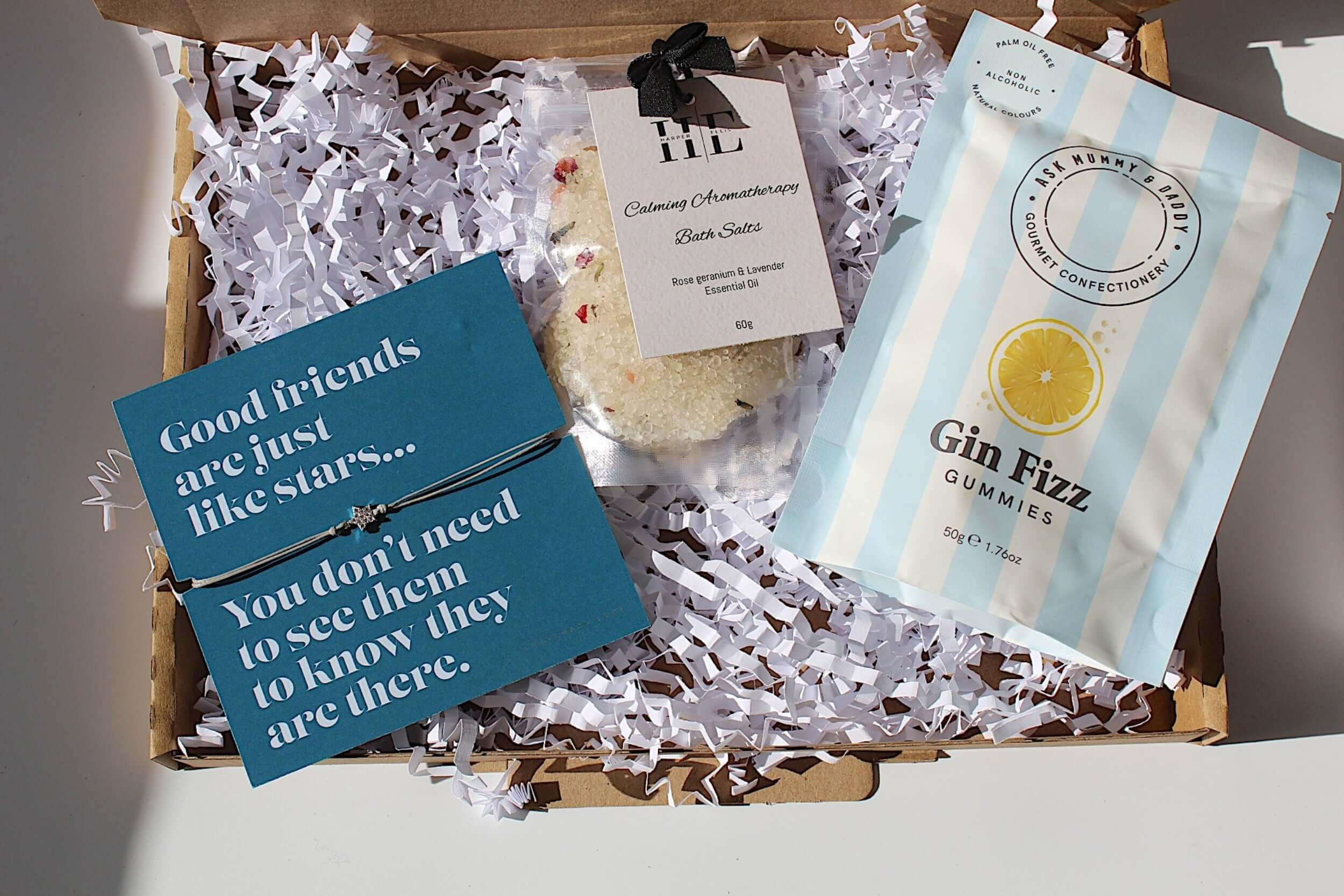 Let your bestie know how much they mean to you with this cute letterbox friendly gift. Includes gin fizz gummies, calming aromatherapy bath salts and a cute star adjustable bracelet on a poem board. Perfect for any occasion.  