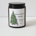 Personalised Christmas candle in an apothecary jar with festive Christmas tree design.