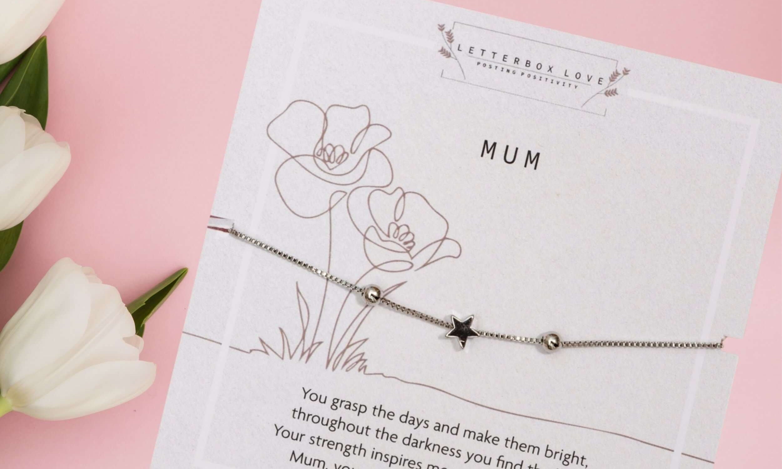 Mum silver bracelet presented on a card with a heartfelt poem about love and strength.