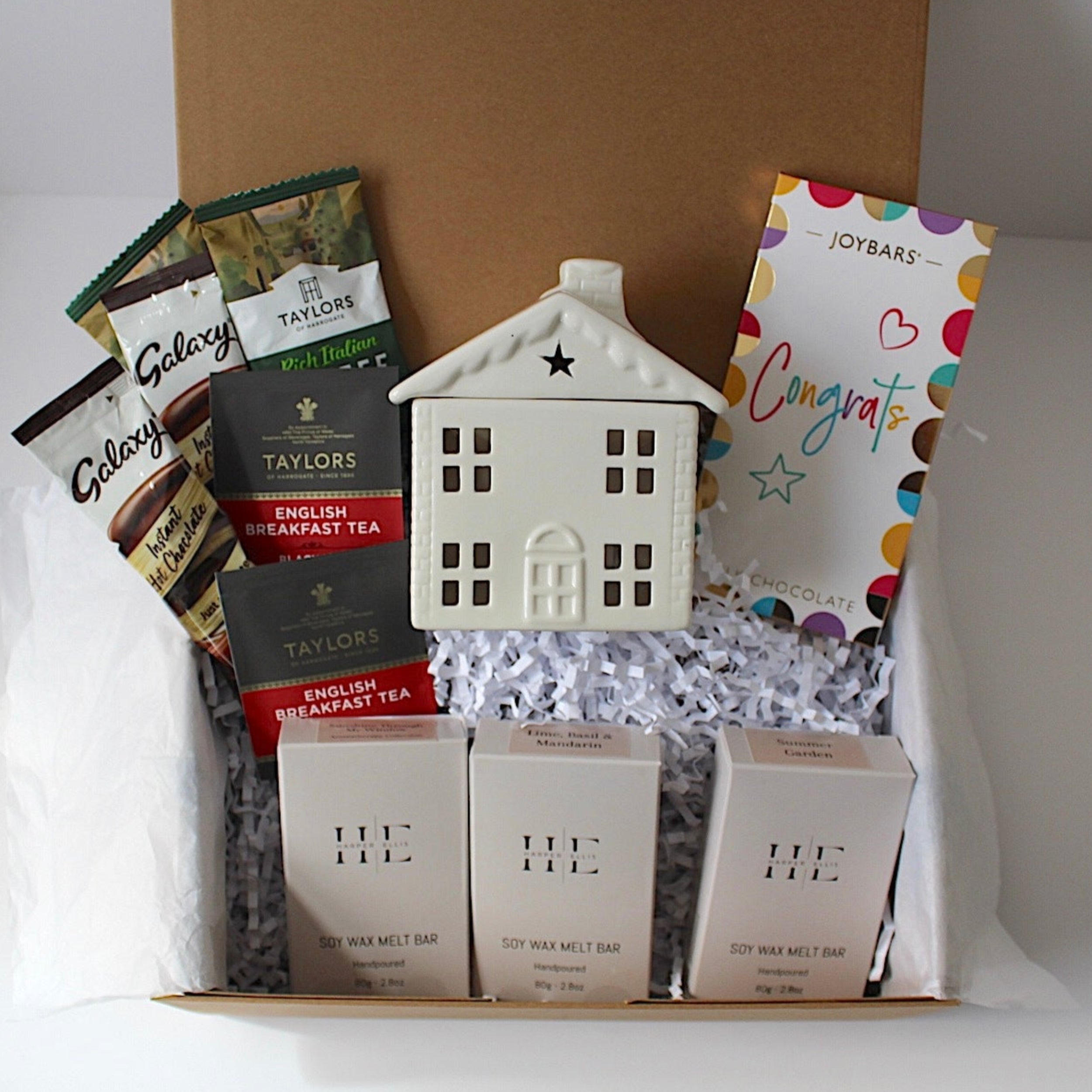Gift box with tea, chocolate, and house-shaped wax melt burner with 3 80g soy wax melts bars 