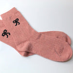 Pink bow knitted wool socks, add to your build your own gift box. 